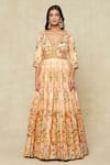 Buy_Kalista_Peach Printed Mughal Floral Plunged V Anarkali With Dupatta _Online_at_Aza_Fashions