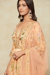 Shop_Kalista_Peach Printed Mughal Floral Plunged V Anarkali With Dupatta _Online_at_Aza_Fashions