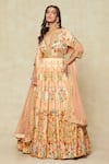 Kalista_Peach Printed Mughal Floral Plunged V Anarkali With Dupatta _at_Aza_Fashions