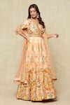 Buy_Kalista_Peach Printed Mughal Floral Plunged V Anarkali With Dupatta 