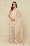 Buy_Ridhima Bhasin_Beige Embroidered V Neck Short Kurta Bell Bottom Pant Set _at_Aza_Fashions