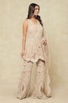 Ridhima Bhasin_Beige Embroidered V Neck Short Kurta Bell Bottom Pant Set _at_Aza_Fashions