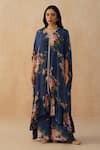 Palak & Mehak_Blue Pure Crepe Printed Floral V-neck Kaftan Set _Online_at_Aza_Fashions