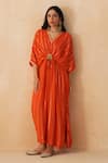 Buy_Palak & Mehak_Orange Pure Crepe Embroidered Lace V-neck Textured Kaftan _at_Aza_Fashions