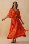 Palak & Mehak_Orange Pure Crepe Embroidered Lace V-neck Textured Kaftan _at_Aza_Fashions