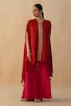 Palak & Mehak_Red Pure Crepe Embroidered Zari V-neck Asymmetric Kaftan Pant Set _Online_at_Aza_Fashions