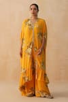 Buy_Palak & Mehak_Yellow Pure Crepe Printed Floral V-neck Kaftan And Pant Set _at_Aza_Fashions