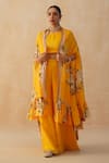 Buy_Palak & Mehak_Yellow Pure Crepe Printed Floral Top Scoop Cape Pant Set _at_Aza_Fashions