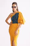 Saaksha & Kinni_Yellow Cambric Printed Daisy Asymmetric Tulip One Shoulder Dress _Online_at_Aza_Fashions