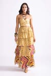 Buy_Saaksha & Kinni_Yellow Chiffon Printed Zig-zag Amelia Layered Skirt _at_Aza_Fashions