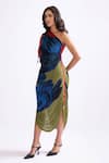 Saaksha & Kinni_Blue Cotton Silk Printed Daisy One-shoulder Mira Pleated Dress _Online_at_Aza_Fashions