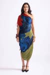 Buy_Saaksha & Kinni_Blue Cotton Silk Printed Daisy One-shoulder Mira Pleated Dress _at_Aza_Fashions