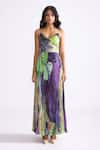 Buy_Saaksha & Kinni_Purple Chiffon Print Daisy Geometric Harlow Micro Pleat Dress _at_Aza_Fashions