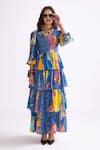 Buy_Saaksha & Kinni_Blue Cambric Print Tribal High Neck Adalynn Tiered Dress _at_Aza_Fashions