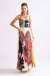 Saaksha & Kinni_Multi Color Chiffon Printed Daisy Sweetheart Neck Kiara Pleated Dress _Online_at_Aza_Fashions