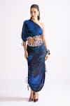 Buy_Saaksha & Kinni_Blue Cotton Silk Printed Wave Asymmetric Mira One Shoulder Pleated Dress _at_Aza_Fashions