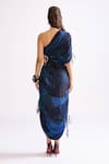 Shop_Saaksha & Kinni_Blue Cotton Silk Printed Wave Asymmetric Mira One Shoulder Pleated Dress _at_Aza_Fashions