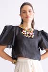 Buy_Saaksha & Kinni_Black Organza Plain Round Joey Puff Sleeve Blouse _at_Aza_Fashions