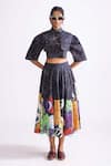 Saaksha & Kinni_Black Cambric Printed Wave Collared Nikki Crop Shirt _Online_at_Aza_Fashions