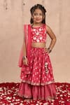 Buy_LIL DRAMA_Red Blouse And Lehenga 100% Cotton Printed Flower Layered Set _at_Aza_Fashions