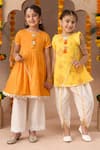 LIL DRAMA_Orange Kurta Cambric (100% Cotton) Embroidered Janmashtami With Pyjama Pant _at_Aza_Fashions