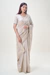 Buy_Samyukta Singhania_Beige Tissue Embroidery Stone V Neck Saree With Blouse _Online_at_Aza_Fashions