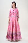 Samyukta Singhania_Pink Doll Silk Print Floral V Neck Abstract Anarkali With Dupatta _Online_at_Aza_Fashions