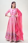 Samyukta Singhania_Pink Doll Silk Print Floral V Neck Abstract Anarkali With Dupatta _at_Aza_Fashions