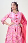 Buy_Samyukta Singhania_Pink Doll Silk Print Floral V Neck Abstract Anarkali With Dupatta 