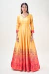 Samyukta Singhania_Yellow Doll Silk Print Floral V Neck Ombre Anarkali With Dupatta _Online_at_Aza_Fashions