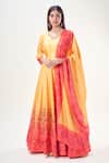 Shop_Samyukta Singhania_Yellow Doll Silk Print Floral V Neck Ombre Anarkali With Dupatta _Online_at_Aza_Fashions