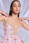 Shop_Papa Don't Preach_Peach Sequins Embroidery Crystals Plunge V-neck Baby Doll Dress _at_Aza_Fashions