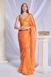 Buy_Papa Don't Preach_Orange Organza Embroidered Gold Metal Sundown Soiree Pre-draped Saree Set _at_Aza_Fashions