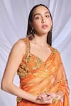 Shop_Papa Don't Preach_Orange Organza Embroidered Gold Metal Sundown Soiree Pre-draped Saree Set _at_Aza_Fashions