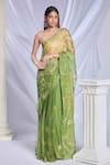 Buy_Papa Don't Preach_Green Organza Embroidered Gold Metal Square Sea Frost Pre-draped Saree Set _at_Aza_Fashions