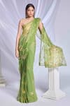 Buy_Papa Don't Preach_Green Organza Embroidered Gold Metal Square Sea Frost Pre-draped Saree Set _Online_at_Aza_Fashions