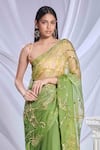 Shop_Papa Don't Preach_Green Organza Embroidered Gold Metal Square Sea Frost Pre-draped Saree Set _at_Aza_Fashions