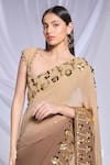 Shop_Papa Don't Preach_Brown Georgette Embroidered Pearls Square Taupe It Up Saree Set _at_Aza_Fashions