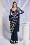 Buy_Papa Don't Preach_Blue Georgette Embroidered Pearls Midnight Marina Pre-draped Saree Set _at_Aza_Fashions