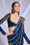 Shop_Papa Don't Preach_Blue Georgette Embroidered Pearls Midnight Marina Pre-draped Saree Set _at_Aza_Fashions