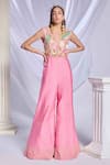 Buy_Papa Don't Preach_Pink Art Rawsilk Embroidered Patchwork Blunt V Playdate Jumpsuit _at_Aza_Fashions