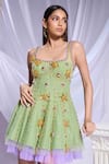 Buy_Papa Don't Preach_Green Tulle Embroidered 3d Gold Star U-neck Nebula Nightfall Baby Doll Dress _Online_at_Aza_Fashions