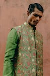 Shop_Drishti & Zahabia_Green Kurta Chanderi Bandi Dupion Printed Floral Bundi With Set _Online_at_Aza_Fashions