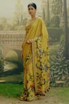 Drishti & Zahabia_Yellow Blouse Dupion Silk Hand Embroidered Aari Kalamkari Print Saree With _at_Aza_Fashions