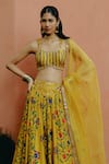 Drishti & Zahabia_Yellow Blouse And Lehenga Dupion Silk Hand Embroidered Aari Kalamkari Print Set _at_Aza_Fashions