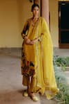 Buy_Drishti & Zahabia_Yellow Kurta And Pants Dupion Silk Hand Embroidered Aari Kalamkari Print Set _at_Aza_Fashions