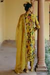 Shop_Drishti & Zahabia_Yellow Kurta And Pants Dupion Silk Hand Embroidered Aari Kalamkari Print Set _at_Aza_Fashions