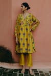 Shop_Drishti & Zahabia_Yellow Kurta Dupion Silk Hand Embroidered Kalamkari V Neck Print With Salwar _at_Aza_Fashions