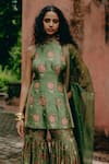 Shop_Drishti & Zahabia_Green Kurta And Sharara Dupion Silk Hand Embroidered Aari Kalamkari Print Set _Online_at_Aza_Fashions