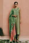 Buy_Drishti & Zahabia_Green Dupion Silk Hand Embroidered Aari Notched Round Neck Kurta Pant Set _at_Aza_Fashions